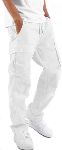 HUNGSON Mens Cargo Pants Drawstring Casual Hiking Pants Joggers Athletic Trousers Cotton Loose Straight Sweatpants for Men Size 34 (White)