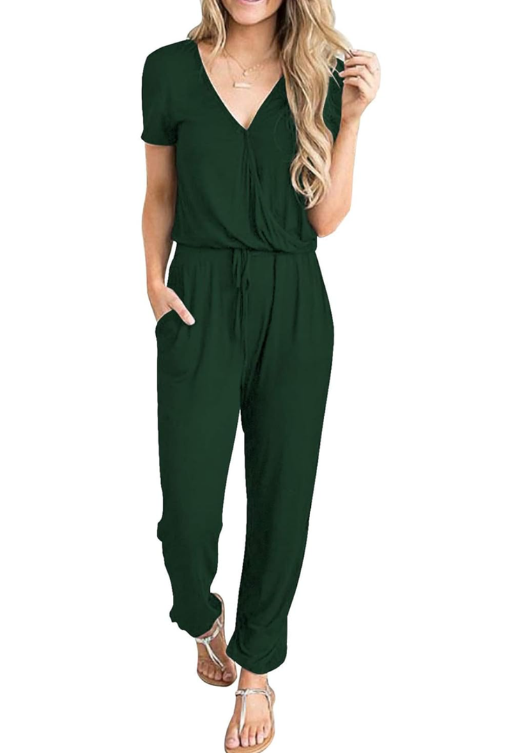 PRETTYGARDEN Jumpsuits for Women Dressy 2025 Summer Casual Short Sleeve Romper Spring Airport Beach Vacation Travel Outfits (Medium, Green)