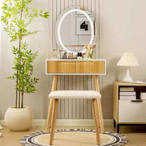 Small Vanity Desk with Mirror and Lights, Wooden Handles with Cushioned Stool, 3 Lighting Modes Round Makeup Table with Upgraded Silent Slides, Compact Vanity for Small Spaces, Natural Oak (51.7" X 23.6" X 18.1")