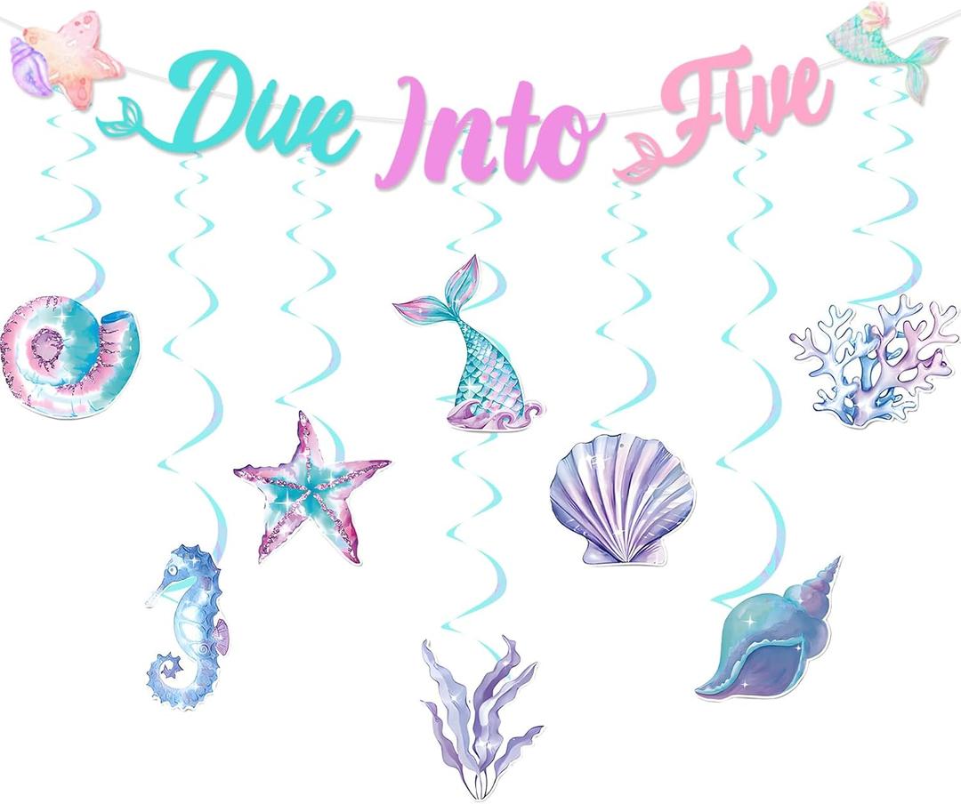 Mermaid 5th Birthday Party Decoration Girl, Dive into Five Banner Mermaid Theme Hanging Swirl Ceiling Streamer for Under The Sea Beach Ocean 5 Year Old Girl Birthday Decoration