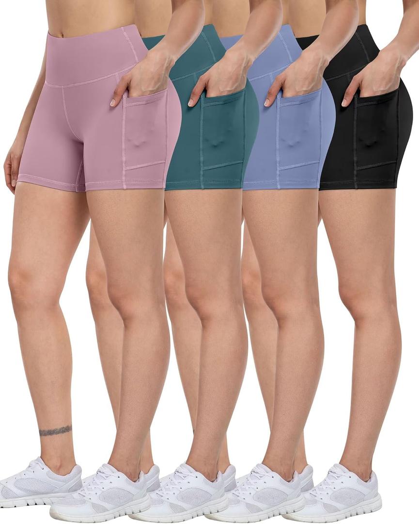 ATHVOTAR Biker Shorts Women with Pockets - 3"/5"/8" High Waisted Workout Spandex Tummy Control Gym Running Yoga Shorts (White, M)