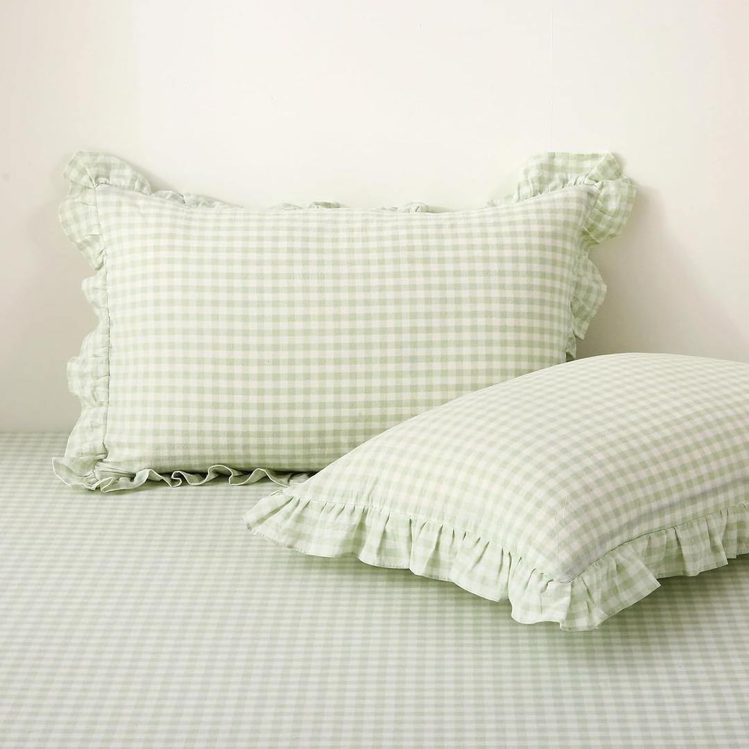 2 Pack Pile Green White Plaid Ruffle Gingham Pillow Shams Standard Size 20x26 inches, 100% Cotton Checkered Farmhouse Pillowcases for Bed/Sofa (20x26 inches, Pile Green/White Plaid)