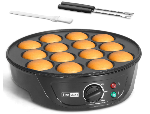 Non Stick Mini Pancakes Maker Machine, Electric Poffertjes Pan with Browning Control, Small Ebelskiver Aebleskiver Pan, Dutch Mini Pancake Maker, with Brush & Forks, 14 Slots, Black