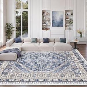 zesthome 8x10 Area Rugs for Living Room,Non-Slip Backing Washable Rugs,Vintage Large Area Rug,Stain Resistant Home Decor Rug (Blue/Beige,8'x10')