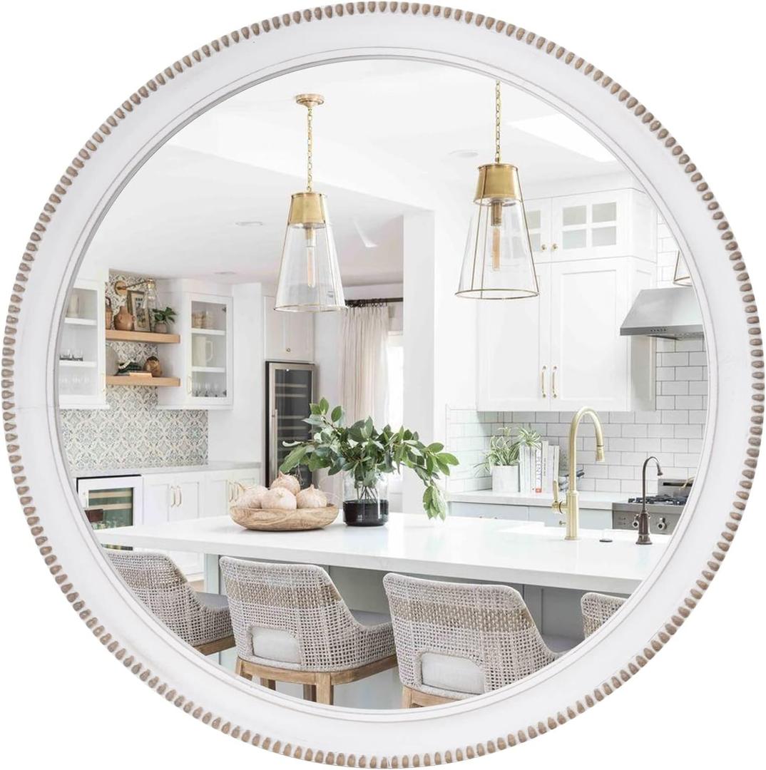 sawsile Round Wood Mirror,28 inch Circle Rustic Farmhouse White Wooden Frame Boho Beads Wall Mirror for Bathroom,Living Room,Bedroom or Entryway