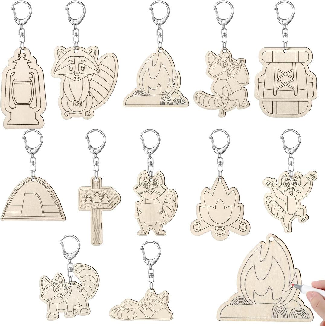 RattanView 24 Pcs Camp Craft Color Your Own Keychains DIY Craft Wooden Blank Keychains for Sunday School Classroom Home Active Party Favors Gifts, 12 Styles