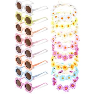 Kanayu 16 Pcs Flower Sunglasses and Headbands Set, Daisy Flower Crown Costume Set Colorful 60s 70s Party Gifts Party Favors