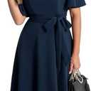 Bbonlinedress Women Midi Vintage Cocktail Party Tea Dress Short Sleeve Formal Wedding Guest Church Modest Dress Navy, S