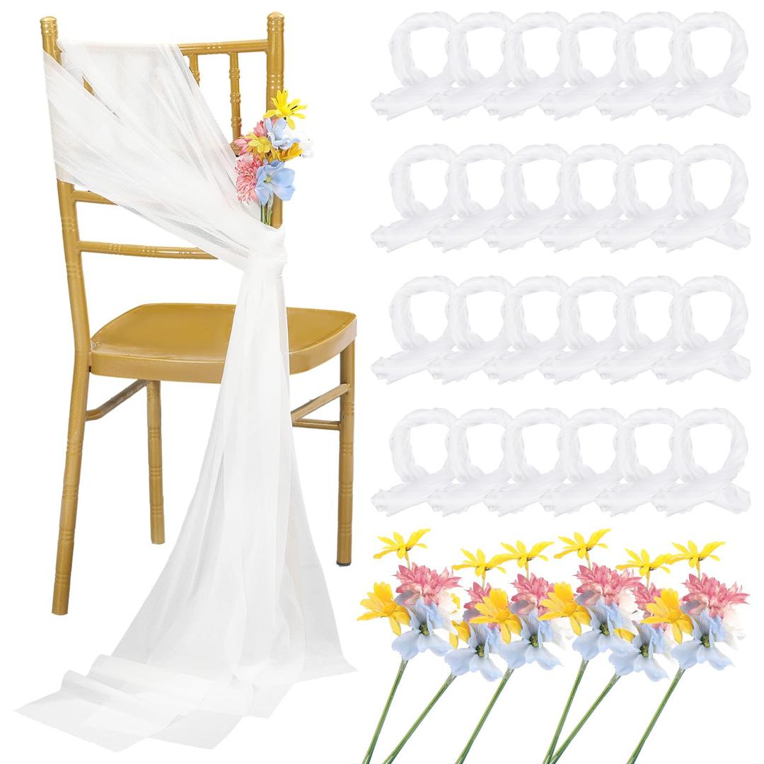 Yinder 24 Set Pastel Wedding Colored Flowers Chair Sashes Aisle Decoration Set 9 ft Long Draping Fabric Sheer Church Chair Cover Bulk Decor for Wedding Bridal Shower