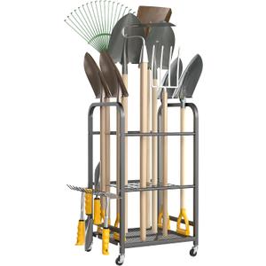Ultrawall Garden Tool Organizer Stand, Yard Tool Storage Rack with Lockable Wheels, Garage Tool Storage for Rake, Brooms, Indoor & Outdoor Use