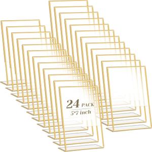 Yulejo 24 Pack Wedding Gold Picture Frames Bulk 5 x 7 Inch Acrylic Sign Holder Clear Double Sided Table Number Menu Holders Desktop Stands for Wedding Office Restaurant Art Photo Flyer Display