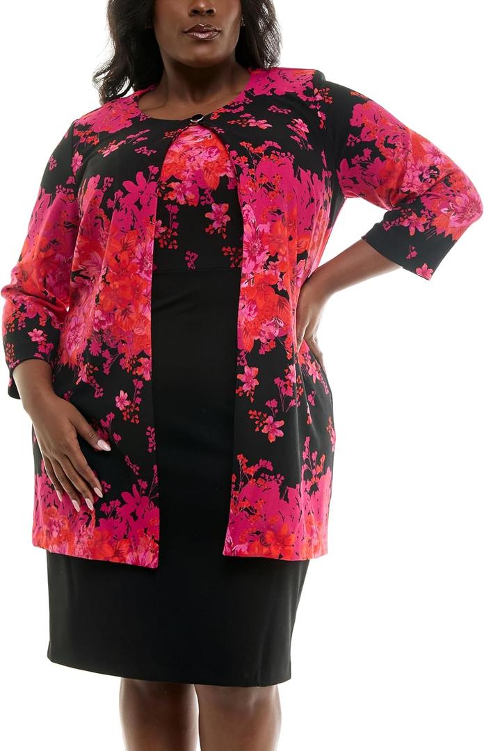 Danny & Nicole Women's Sleeveless Sheath Dress with Longline Jacket (22 Plus, Black multi)