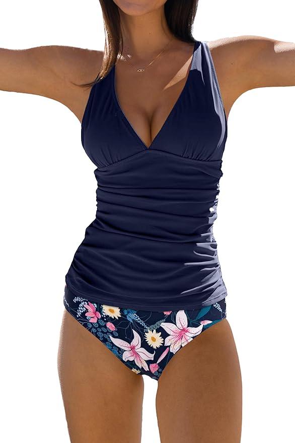 Beachsissi Women's Cute Floral Print Swimsuits V Neck Tummy Control Tankini Set, Size S