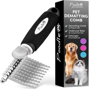 Poodle Dematting Fur Rake Comb Brush for Dogs and Cats - Long 2.5" Steel Safety Blades Metal Comb for Detangling Matted or Knotted Undercoat Hair (Black)