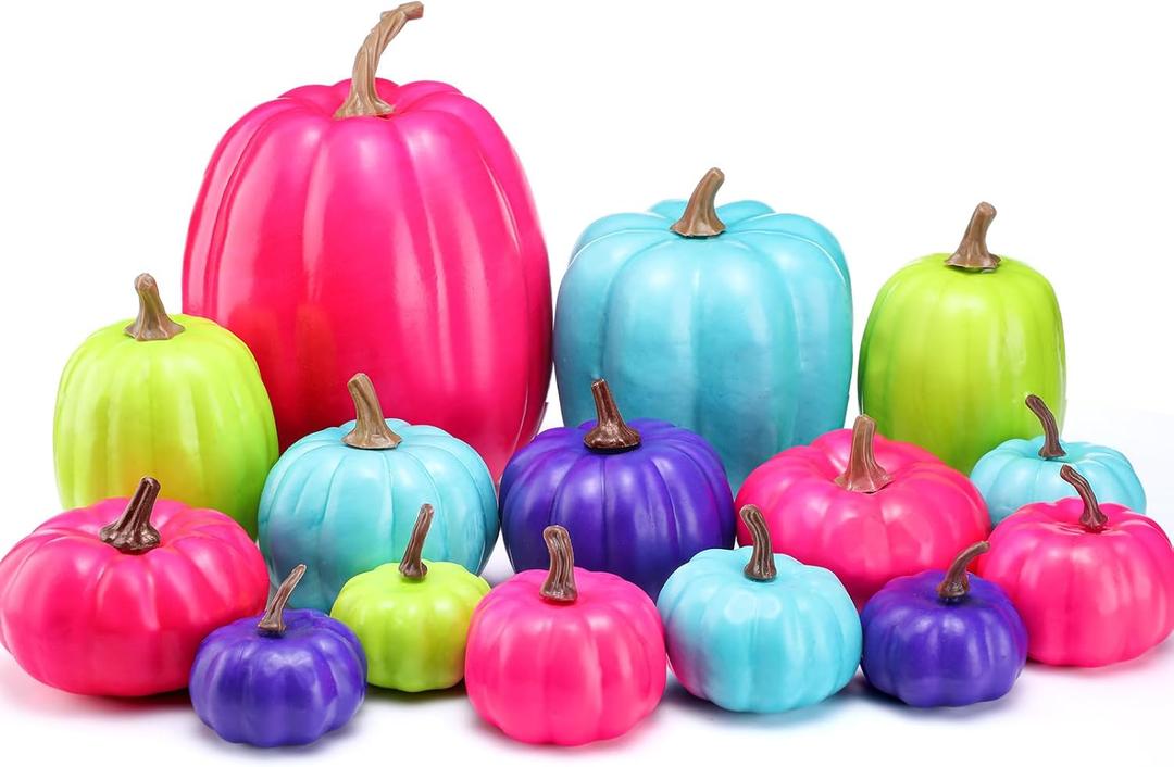 16 Pcs Thanksgiving Fake Pumpkins Fall Decor Colorful Foam Artificial Pumpkin Fall Party Decorations Harvest Assorted Size Faux Foam Decor for Thanksgiving Autumn Halloween Party(Neon Color)