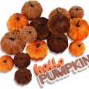 17 Pack Fall Artificial Velvet Pumpkins Decorations, Foam Faux Flocked Pumpkin Including Wooden Hello Pumpkins Sign, for Home Autumn Harvest Theme Party Halloween Thanksgiving Table Decor. (Orange/Coffee/Dark Brown)