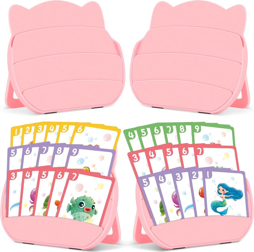 4 PCS Card Holders for Playing Cards, Playing Card Holder for Kids Adults Arthritis Little Hands,3 Layers Stand Foldable Card Holder for Card Games Parties Travel Family Game Night (Pink)