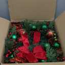 Christmas Wreath for Front Door, 22 Inch Large Outdoor Christmas Wreath, Lighted Xmas Wreath with Red Green Ball Ornaments Velvet Bow and 30 LED Lights for Fireplace Window Holiday Decor