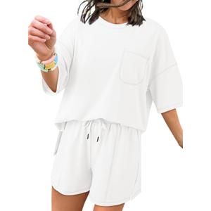 Dokotoo Summer Two Piece Sets for Women Casual Short Sleeve Shirts and Drawstring Shorts Lounge Sets