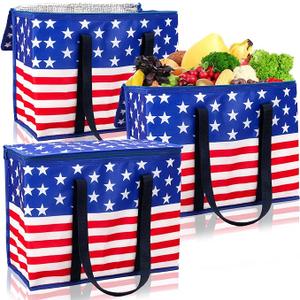 AnyDesign 3Pcs Patriotic Insulated Reusable Grocery Bags with Hard Bottom & Handles 4th of July American Flag Foldable Large Tote Cooler Bags for 250 Anniversary Hot Cold Drink Fresh Food Delivery