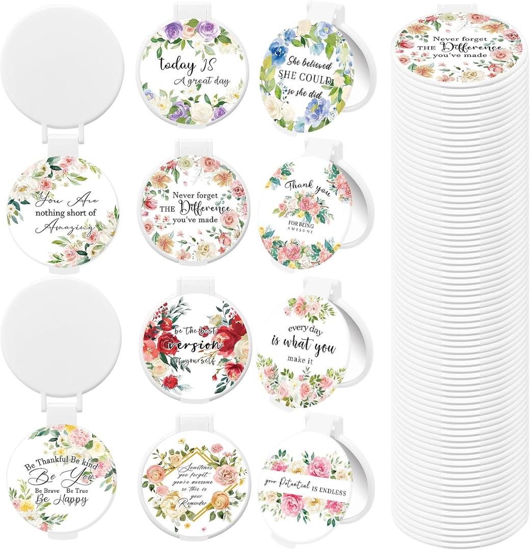 100 Pcs Floral Inspirational Compact Mirror Bulk Small Pocket Purse Round Mirror Portable Folding Makeup Motivational Mirrors Gifts for Women Coworker Employee Teacher