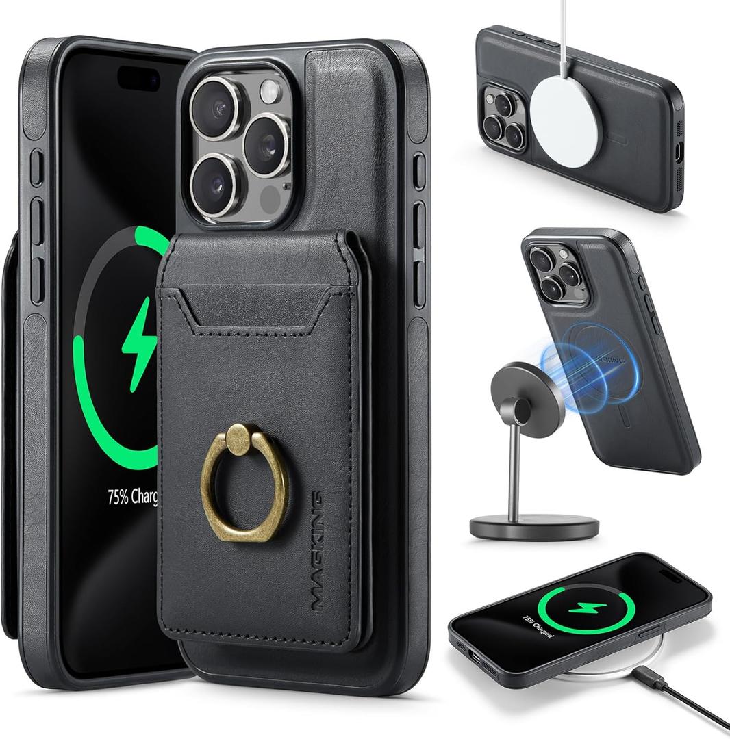 SZHAIYU 2 in 1 Detachable Magnetic Phone Cases Compatible with iPhone 14 Pro Max Case with Card Holder Ring , Compatible with Magsafe Wallet, Leather Men 6.7'' RFID Blocking (Black,iPhone 14 Pro Max)