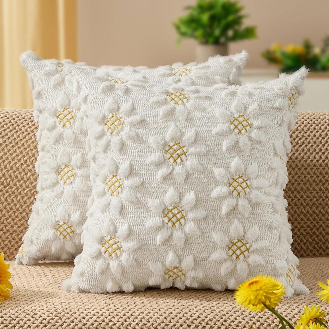 DFXSZ Spring Summer Pillow Covers 20x20 inch Set of 2 Farmhouse Decor Yellow Color Flower Heart Sunflower Soft Plush Faux Fur Jacquard Throw Pillows for Sofa Holiday Spring Home Decor PTK024C20