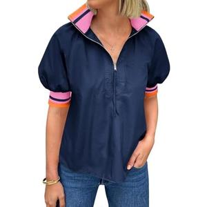 Tankaneo Womens Puff Sleeve Tops Blouse Color Block Half Zip V Neck Pullover Trendy Summer Casual Loose Fit Shirts Medium