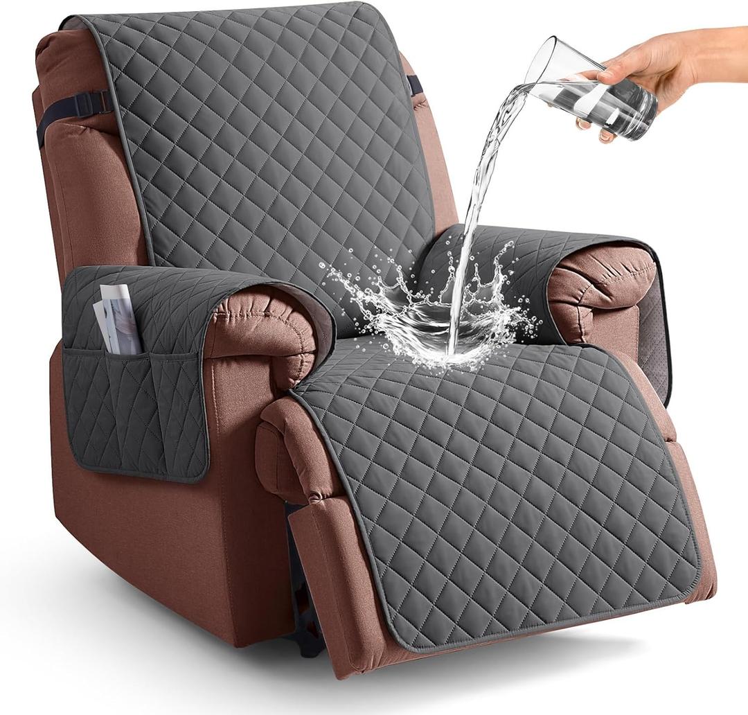 KinCam 100% Waterproof Recliner Chair Cover, Reclining Couch Covers for Pets, Dogs, Recliner Couch Slipcover Furniture Protector with Elastic Straps for Kids(28", Charcoal Gray)