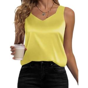 Karcermee Women's Silk Satin Tank Tops V Neck Camisole Casual Cami Sleeveless Shirt Blouses Silky Basic Tanks Large, Yellow