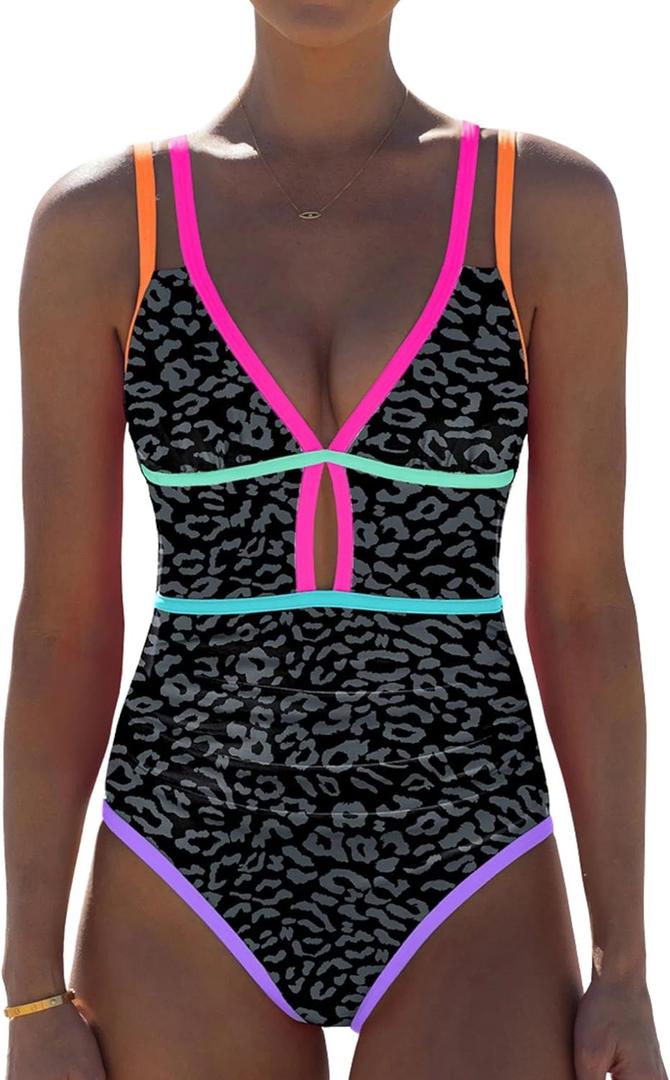 popvil Women One Piece Swimsuit 2026 Tummy Control Sexy Cutout Neon Color Block Bathing Suit Slimming Adjustable Swimwear (Medium, Black Leopard)