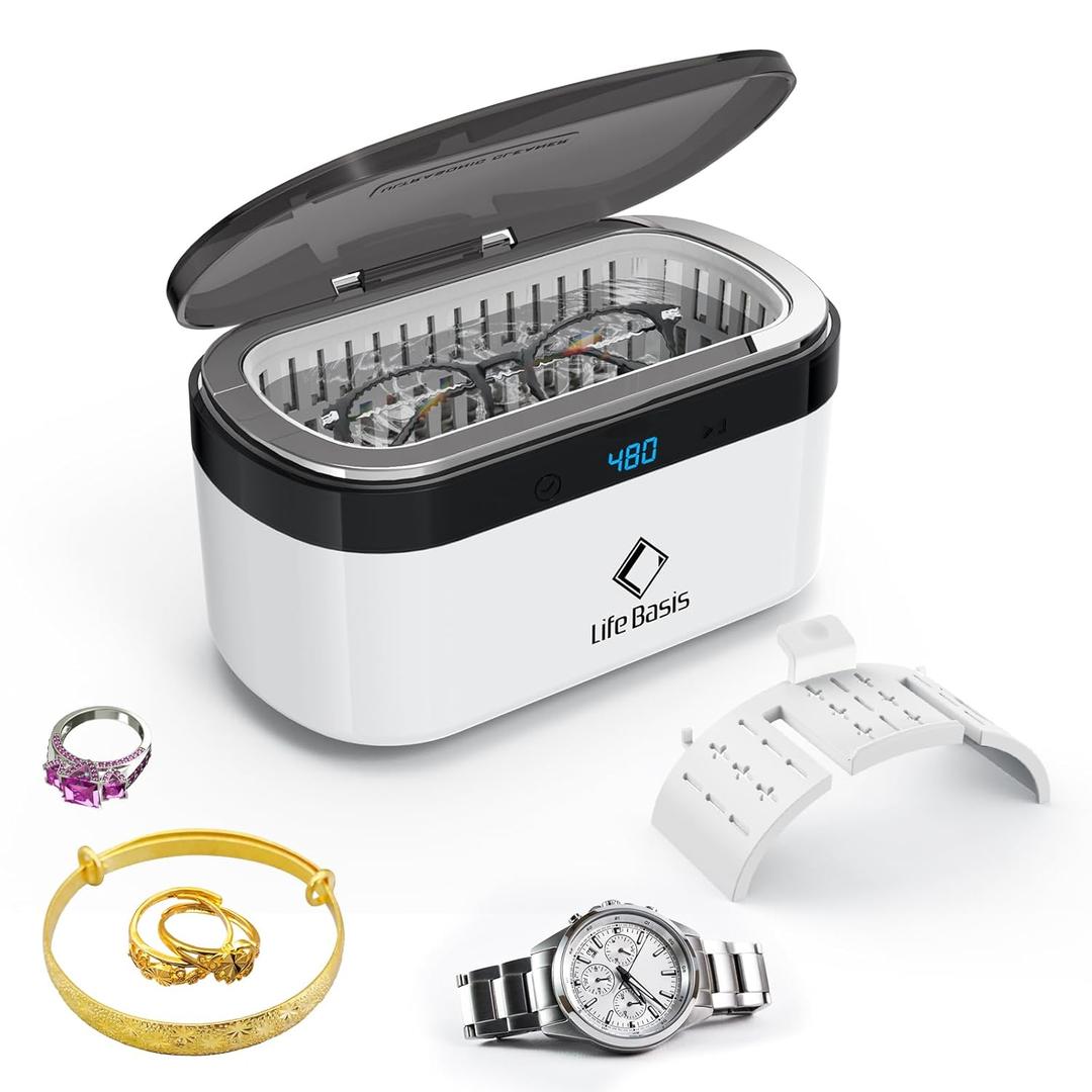 Life Basis Ultrasonic Jewelry Cleaner Portable 500ML Sonic Cleaning Machine with 42kHz Deep Cleaning, 5 Timer Settings, Stainless Steel Tank, for Rings, Eyeglasses, Watch Straps, Coins, Dentures
