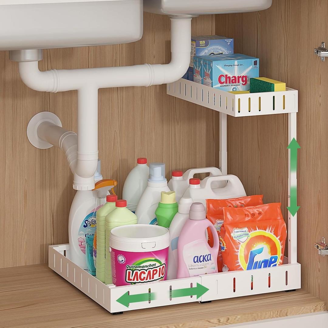 REALINN Under Sink Organizer, 2 Tier Expandable Under Cabinet Organizer, Heights Adjustable Pull Out Storage for Kitchen Bathroom Laundry, White, 1 Pack
