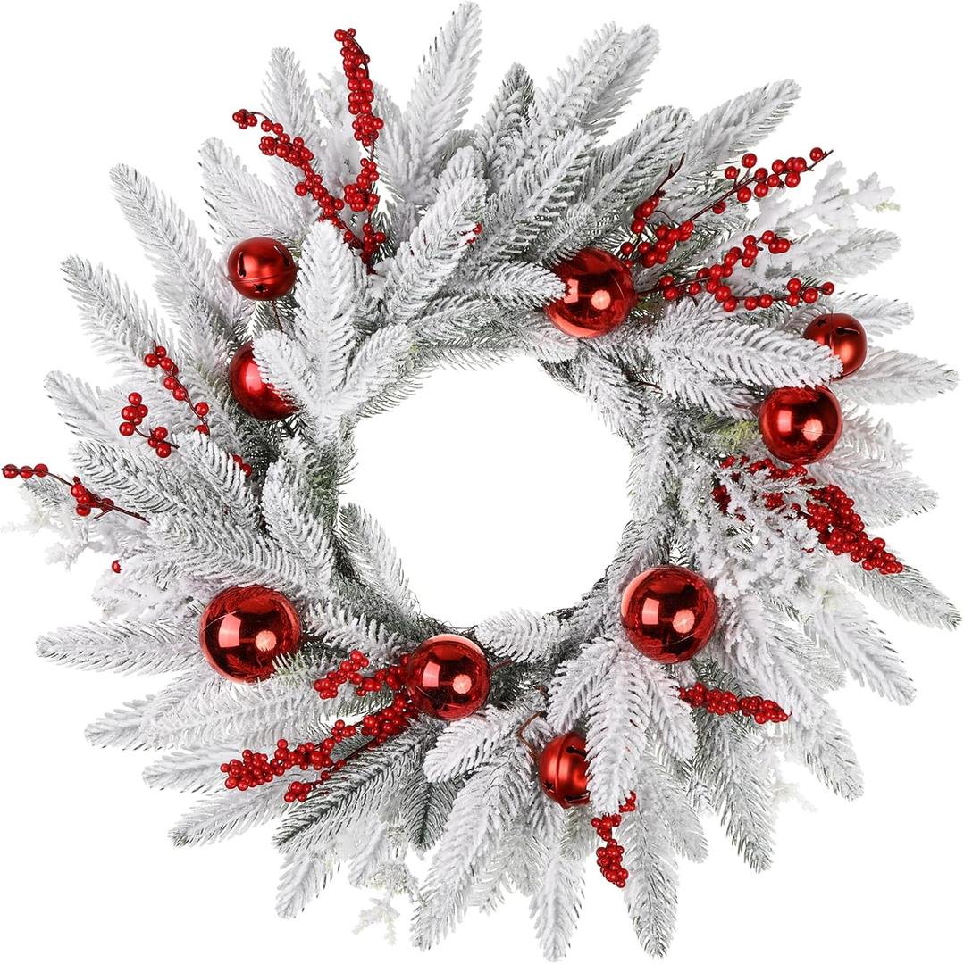 Winter Wreath, 24inch Wreaths, Artificial Wreaths for Front Door, White Faux Fir with Red Ornaments and Berries Wreaths in Autumn and Winter, Indoors,Outdoors, corridors, Offices. (White)