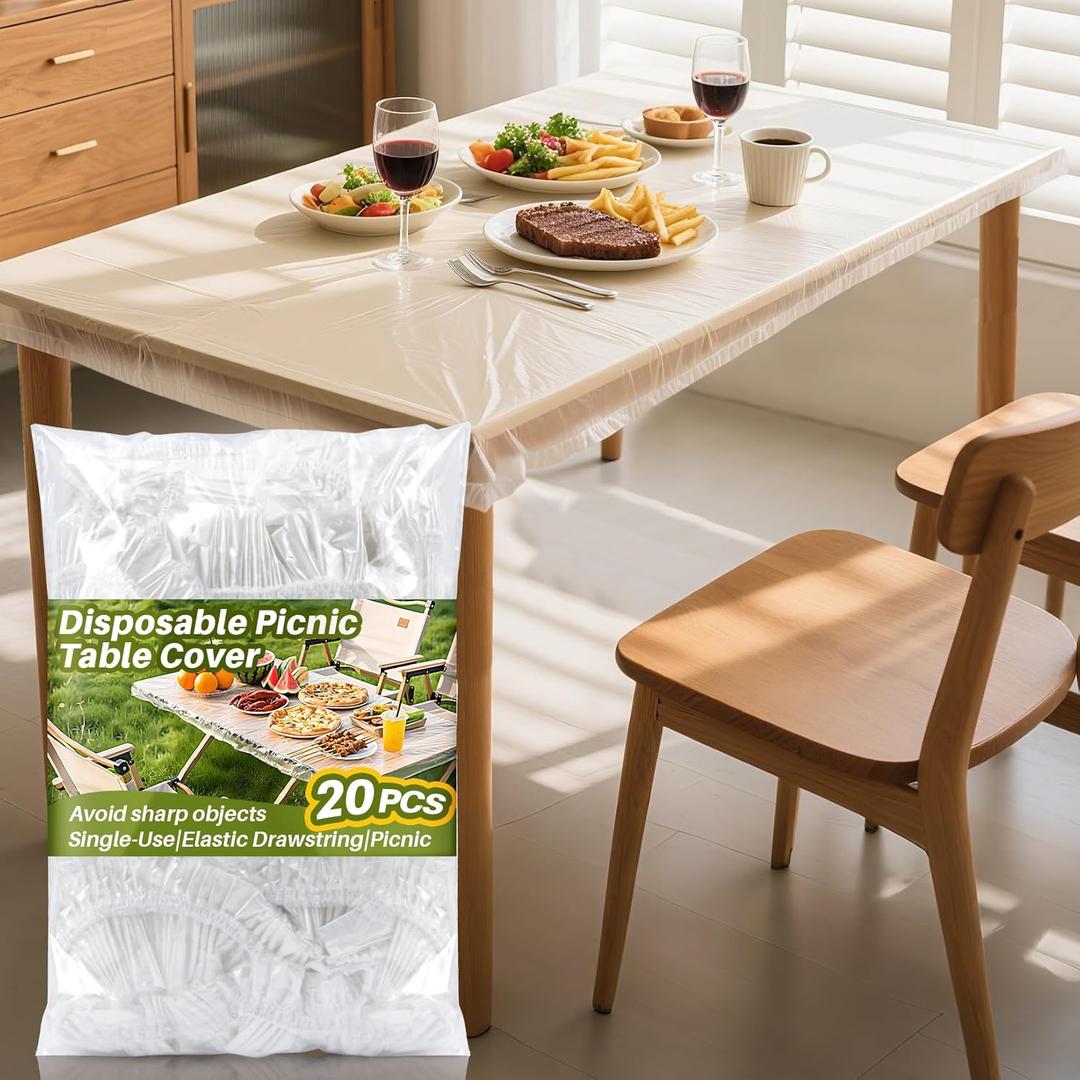 RAINFLOW 20PCS Disposable Plastic Table Cover - Clear Plastic Table Cover Protector Elastic Edge Waterproof Tablecloth for Round Table Rectangle Indoor Outdoor for Dining Picnic Camping(27.5x59in)