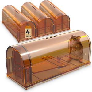 Reusable Humane Mouse Traps, No Kill Live Mice Trap Indoor for Home, Rodent Traps with Cleaning Brush for Outdoor Use, Catch and Release Rat Cage, 4 Pack Brown