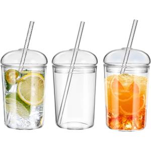 DOITOOL Glass Cups with Lids and Straws: 3PCS 32oz Glass Coffee Ice Tea Water Cocktail Cups Clear Glass Drinking Cup Reusable Tumbler with Lid and Straw for Tea Juice Iced Coffee