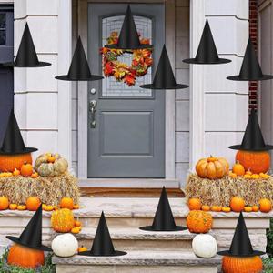 Halloween Decorations Witch Hat, 12 Pcs Thickened Black Witch Hats Bulk Costume Accessory, Hanging Wizard Hat with Rope, Floating Witches Hats for Porch Yard Indoor Outdoor Decor Party Supplies