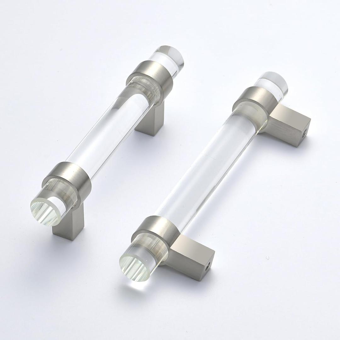 5 Pack Crystal Drawer Pulls 5 inch Hole Center, Kitchen Cabinet Pulls Handles Glass Dresser Pull, Brushed Nickel