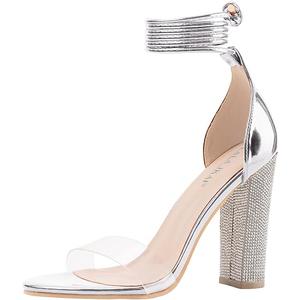 LALA IKAI Chunky Heels Sandals for Women Comfy Open Toe Strappy Rhinestone High Heeled Sandals White Silver Gold Black Ankle Clear Heels for Party Wedding 

 6.5
