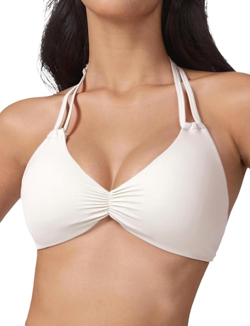 AJISAI Womens Halter Bikini Top Triangle V Neck Bathing Suit Top Low Impact Padded Sports Bra (Beige, M)