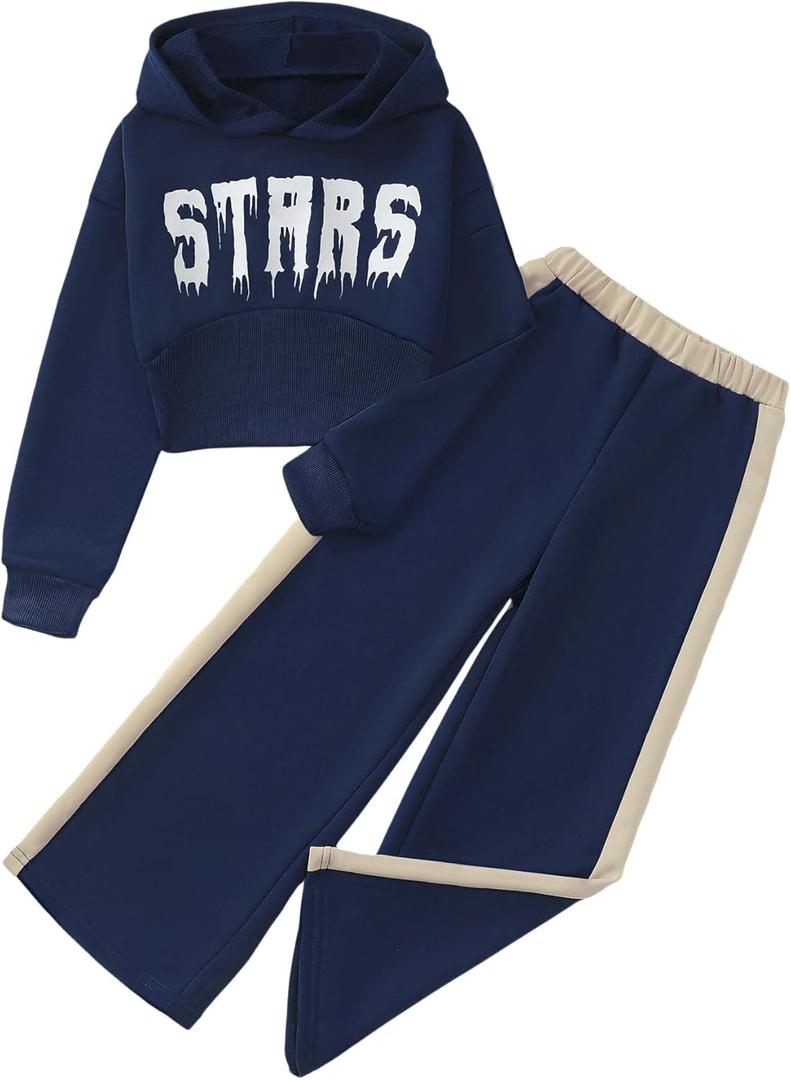 Girls' Clothing Set Crop Top Letter Hoodie Sweatpants Fall Winter Outfits Tween Girl Trendy Clothes Activewear 8-12 (Navy)