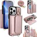 Asuwish Phone Case for iPhone 13 Pro 6.1 inch Wallet Detachable Cover and Screen Protector Compatible with MagSafe Crossbody Lanyard Strap RFID Blocking iPhone13Pro iPhone13 13Pro Women Men Rose Gold