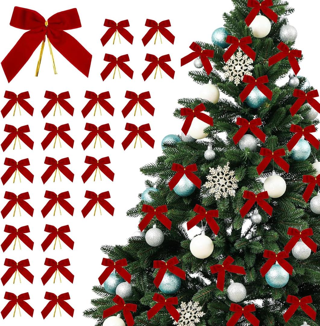 24 Pcs Velvet Bows for Christmas Tree, 3.54 * 3.54 inch Red Vintage Christmas Bows with Gold Twist Ties, Velvet Ribbon Bows Ornaments for Holiday Door Gifts Garland Decor