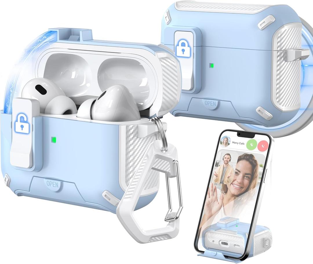 for AirPods Pro 2nd/1st Generation Case Cover, Compatible with Magsafe, Magnetic Automatic Lock, Charging Port Dust-Proof & Stand Design with Cleaning Kit, White/Blue (AirPods Pro 2nd/1st, White/Blue)