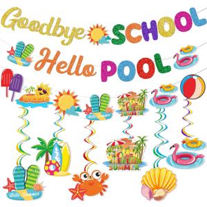 Goodbye School Hello Pool Banner Summer Party Decorations End of School Year Party Decorations Schools Out for Summer Decorations Last Day of School Decorations Pool Party Decorations