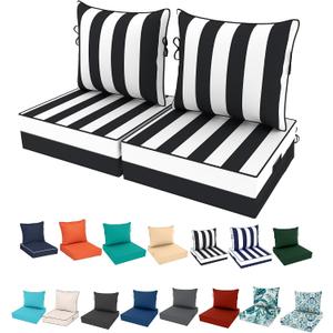2 Set Outdoor Deep Seat Cushion Patio Furniture Cushions 19x19x4 inch, Outdoor Chair Cushions with Ties & Portable Handle, Foam Cushions for Lawn Chair, Fit for 18''-20'', Black & White Striped