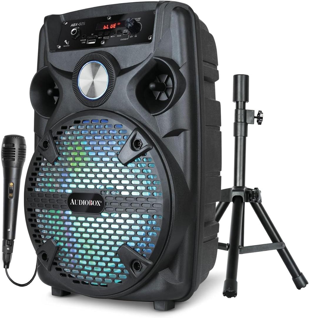Audiobox ABX-82S Portable 8" PA Speaker with Stand, WaveSync Technology, Bluetooth, LED Lights, 1100W - Includes Microphone & USB Cable