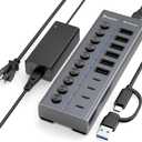 Powered USB Hub, 10-Port USB C Hub with 6 USB-A 3.2, 4 USB-C 3.2 Ports, Individual Switches and 12V/5A Power Adapter, Aluminum USB Extension for MacBook, Laptop/PC and More.