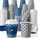 JOLLY CHEF 100 Pack 10 oz Disposable Coffee Cups, Hot Paper Coffee Cups with Lids, Sleeves and Stirrers for Home, Office, Cafe (Blue Leaf and Grey Leaf)
